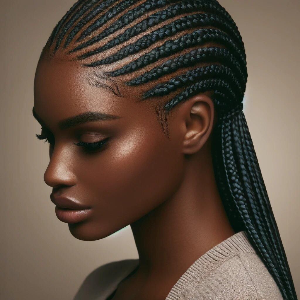 DALL·E 2024-05-08 124757 - An African woman with cornrows hairstyle, featuring tightly braided hair close to the scalp in straight lines The hairstyle is elegant and showcases