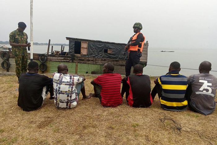 Suspected crude oil thieves arrested by the Nigerian Navy in collaboration with the Cameroonian Navy [NAN]