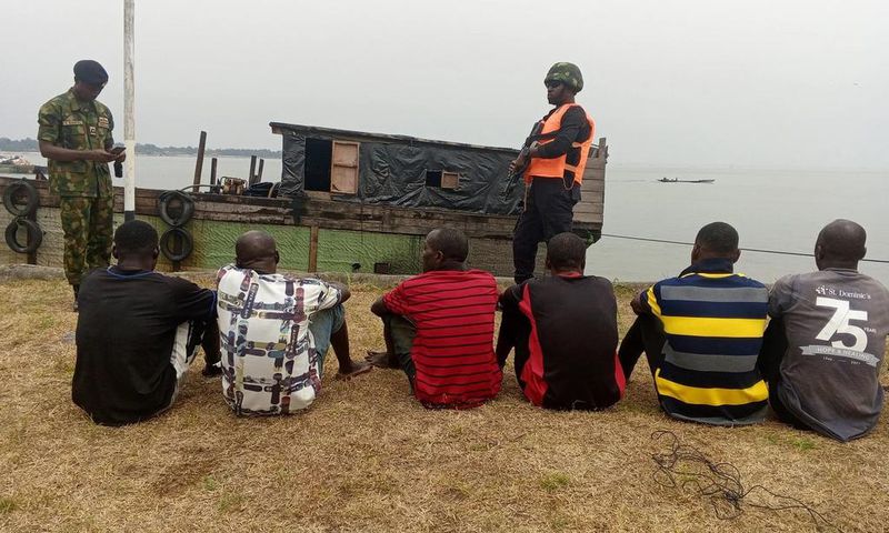 Suspected crude oil thieves arrested by the Nigerian Navy in collaboration with the Cameroonian Navy [NAN]