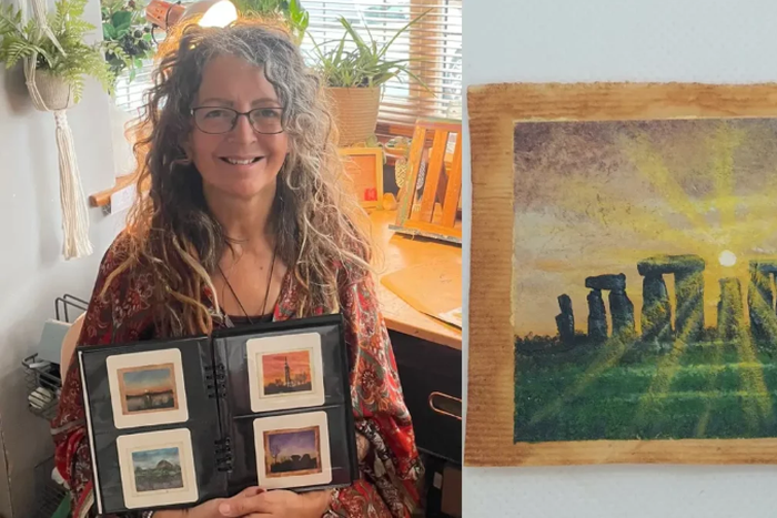 An artist Ms Caroline West has given used teabags another lease of life by painting famous British landmarks [Credit:PA Media]