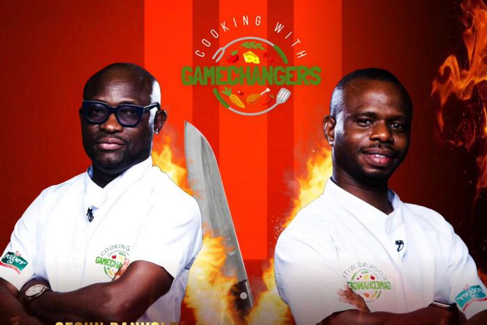 Segun Bankole of Sovereign Trust Insurance and Segun Dada of CAPSA compete in a cook-off to make the best Jollof rice, Chicken/Fish and Cole Slaw