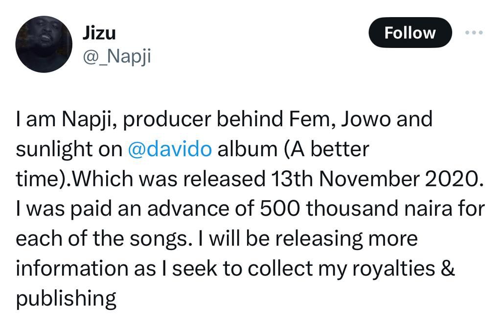Napji calls out Davido over unpaid royalties