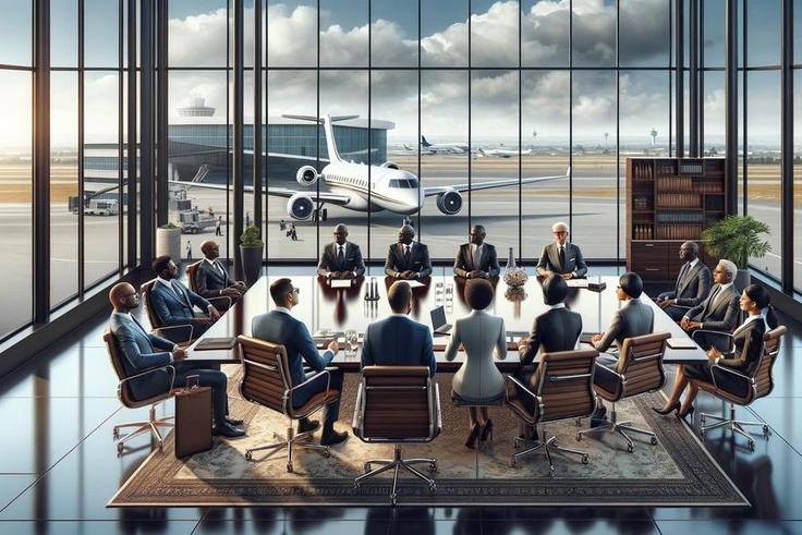An illustration of a diverse group of African billionaires in a corporate boardroom, with an airport and a private jet visible in the background.