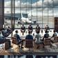 An illustration of a diverse group of African billionaires in a corporate boardroom, with an airport and a private jet visible in the background.