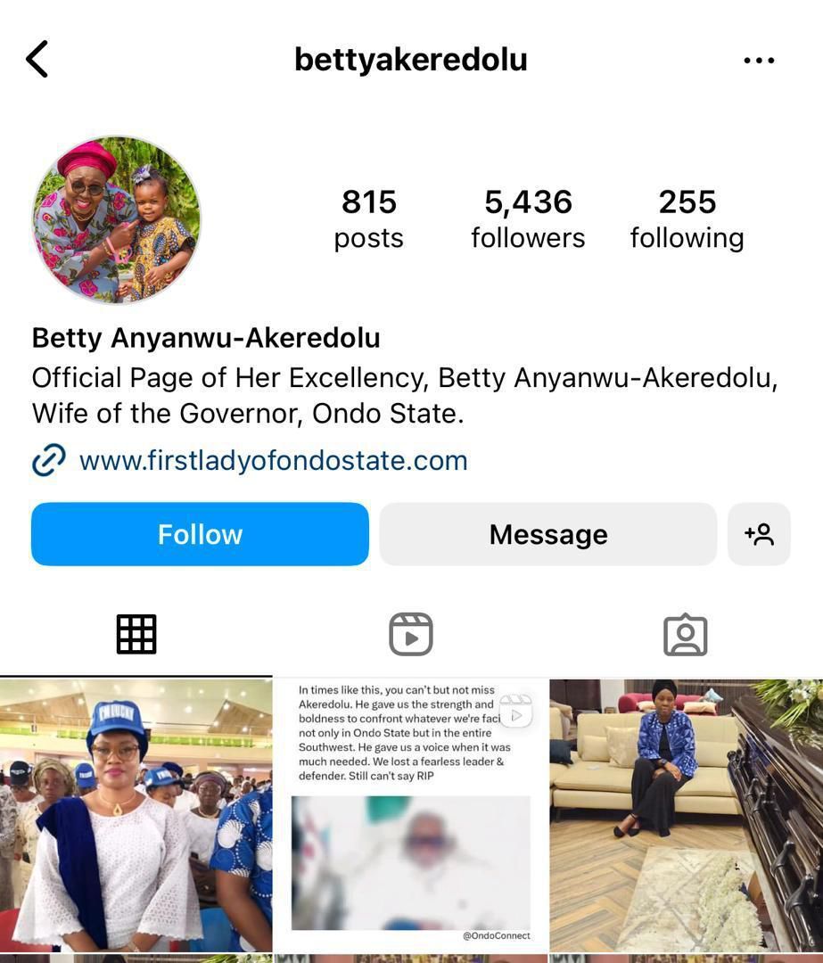 A screenshot of Betty Anyawu-Akeredolu's Instagram header.