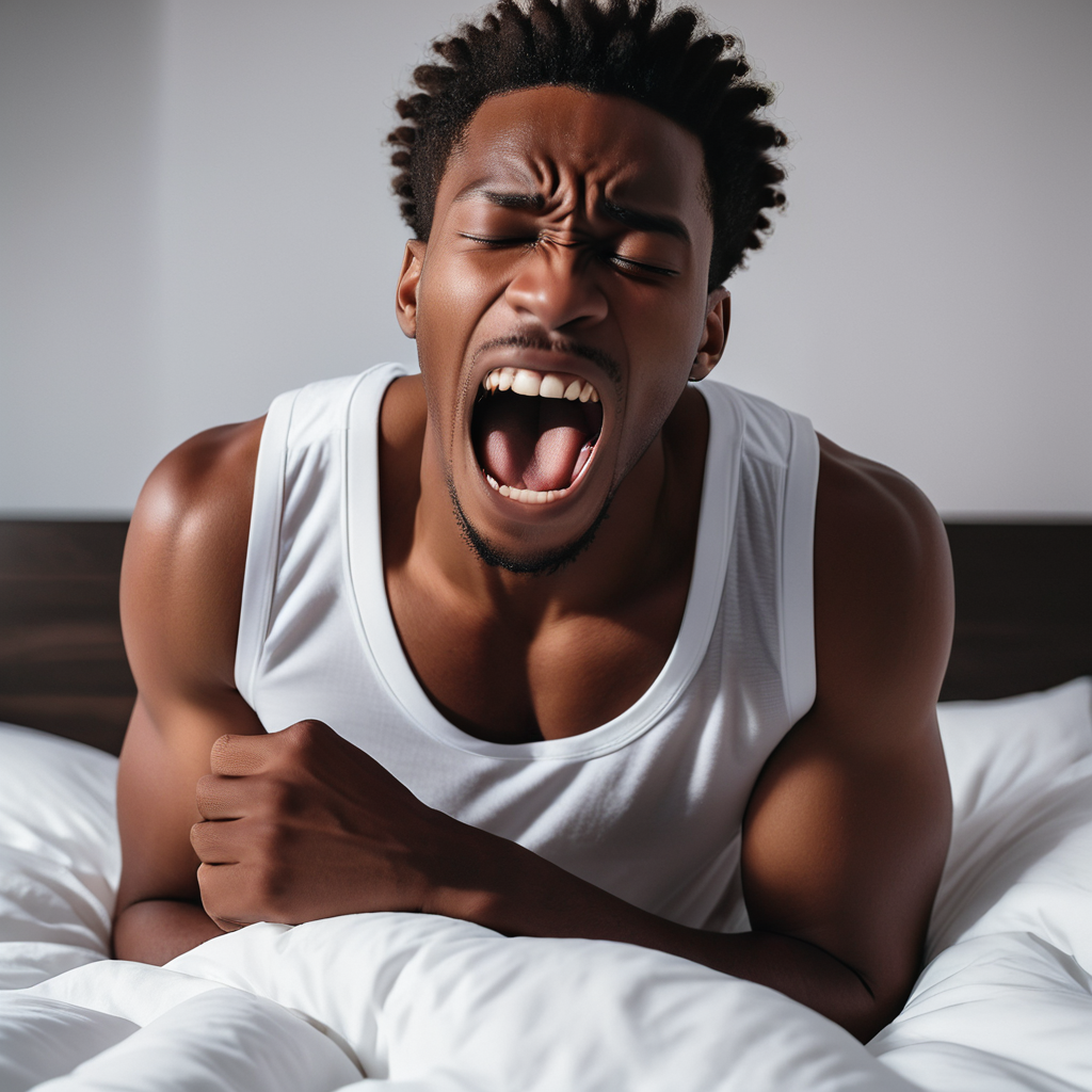 An AI-generated image of a black man stretching after waking up.