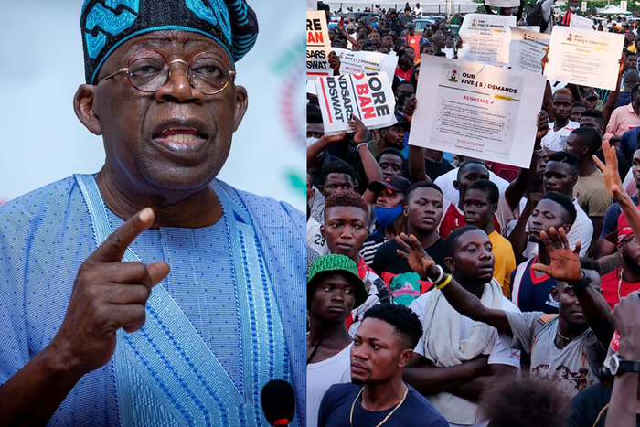 President Bola Tinubu and Nigerian protesters [Pulse.ng]