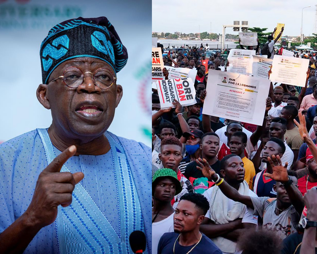 President Bola Tinubu and Nigerian protesters [Pulse.ng]