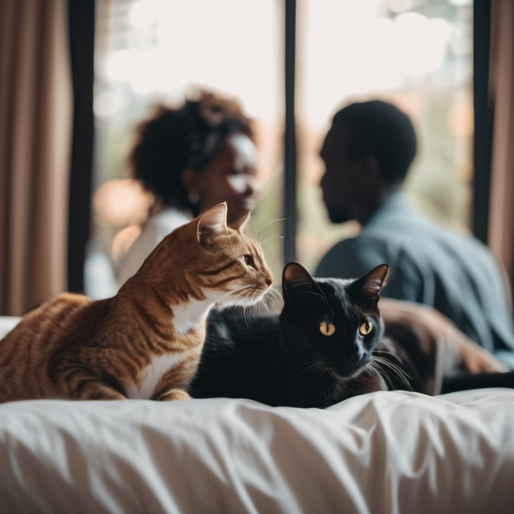 A couple in the bedroom and their cats lying in bed
