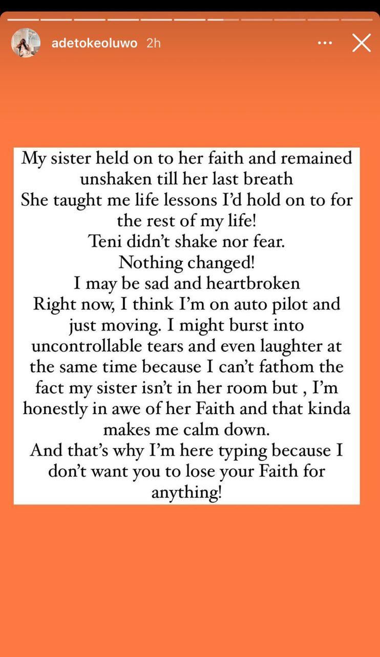 Teni's sister Instagram stories