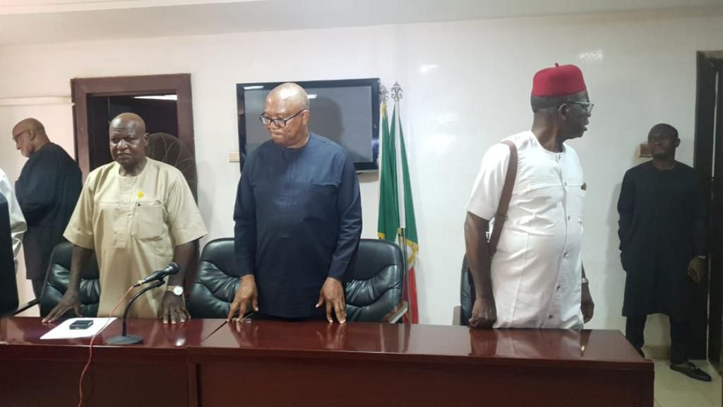 Peter Obi at the Labour House in Abuja during the meeting with the Nigeria Labour Congress (NLC) National Transition Committee. [Segun Adeyemi/Original]