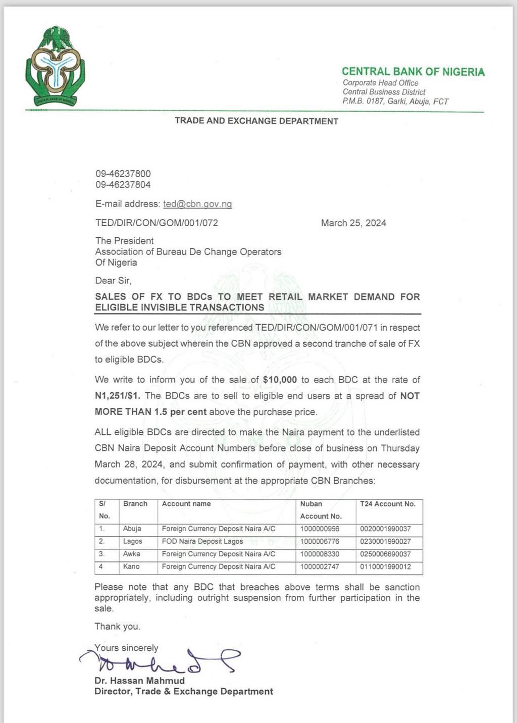 CBN's memo on how BDCs can buy dollars from the apex bank [CBN]