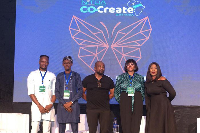 (L-R) Deji Lana, CTO & Co-founder, SeamlessHR; Dolapo Akinbisola, Country Head, SmartComplyApp; Osita Oparaugo, CEO, GetBundi; Ruby Igwe, Country General Manager, ALX Nigeria and Andrea Teke, Host, NITDA Co-Create West Africa Expo 2024, after their pan...