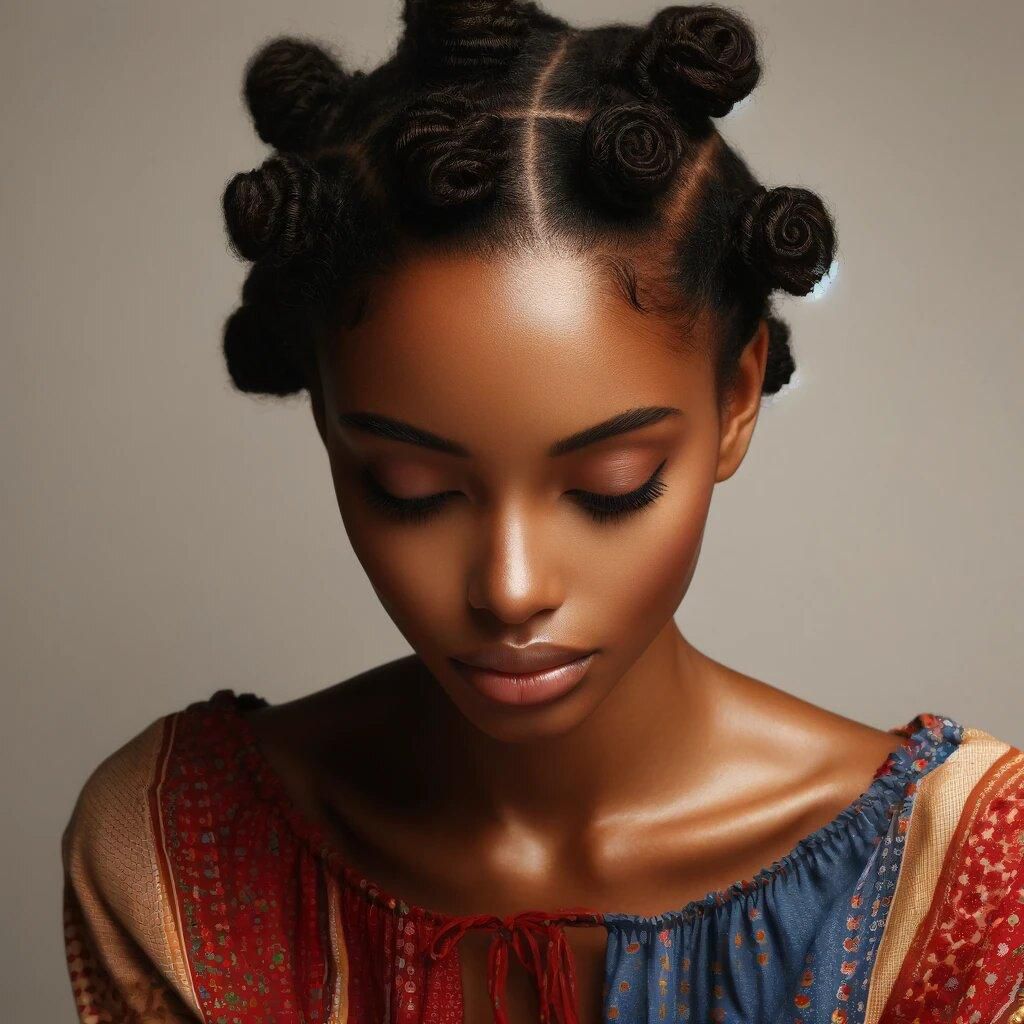 DALL·E 2024-05-08 124620 - Image of an African woman with Bantu knots hairstyle The woman is wearing a colorful blouse, and the hairstyle consists of small, coiled buns secured