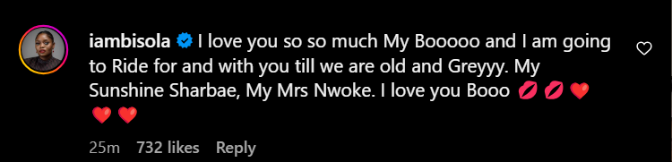 Bisola's heartwarming reply [instagram/Sharonooja]