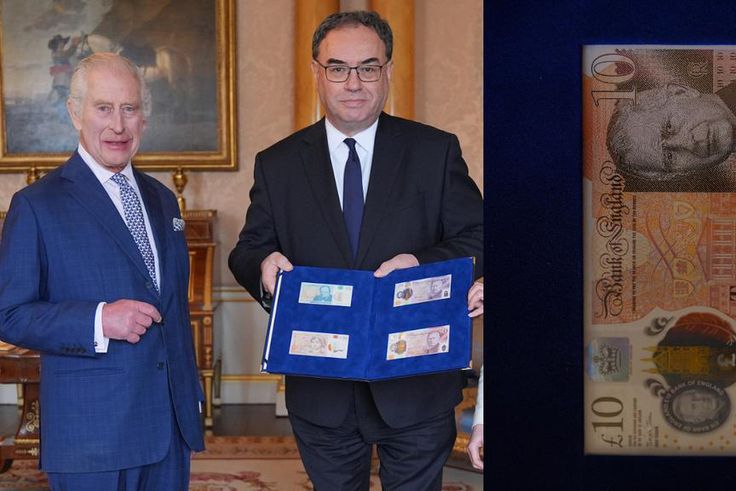 King Charles III (left) is presented with the first bank notes featuring his portrait from the Bank of England Governor Andrew Bailey and Sarah John, the Bank of England's Chief Cashier, at Buckingham Palace, April 9, 2024 in London, England. [Getty Im...