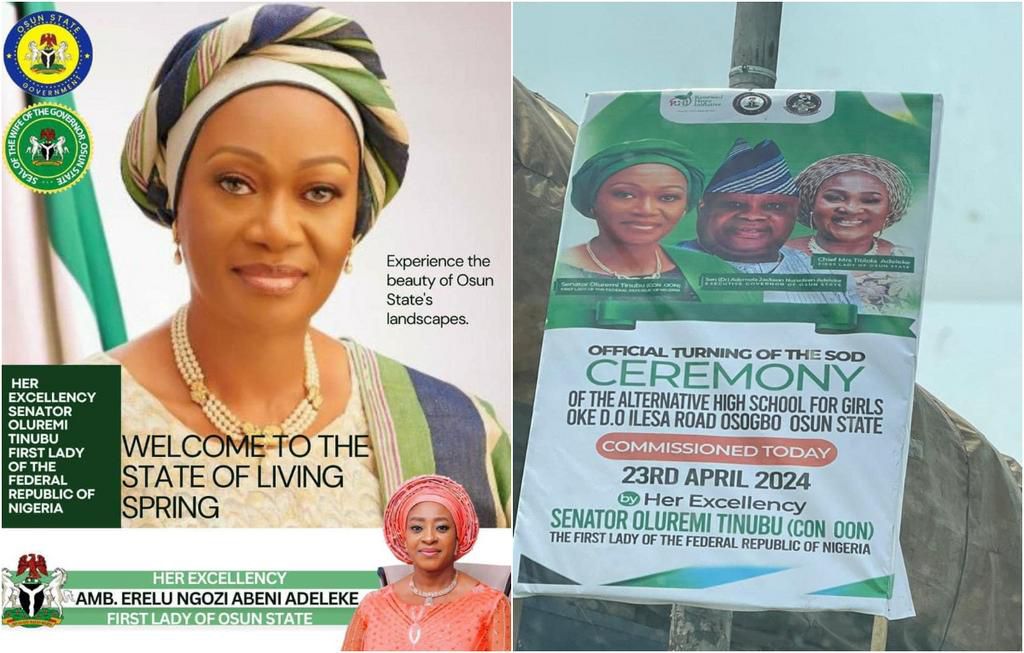 The controversial posters of the two wives of Gov Ademola Adeleke welcoming First Lady Oluremi Tinubu to Osogbo. [Punch/X]