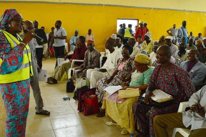 Dr Chioma Ejikeme, the Executive Secretary of the Pension Transitional Arrangement Directorate (PTAD) engages with pensioners. [Twitter/@PTADNigeria]