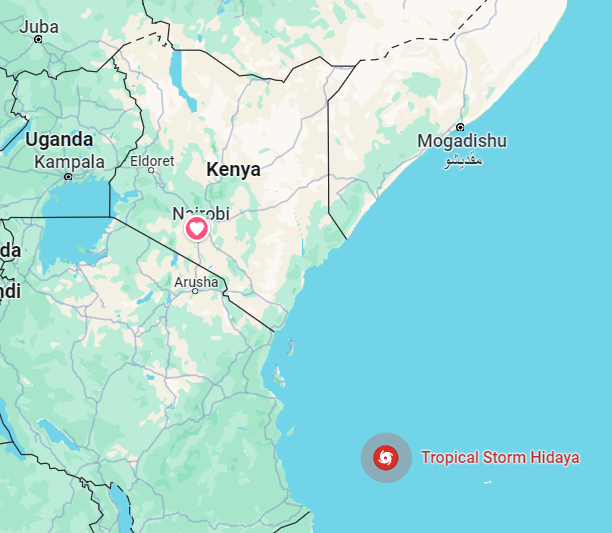 A map showing approaching Cyclone Hidaya