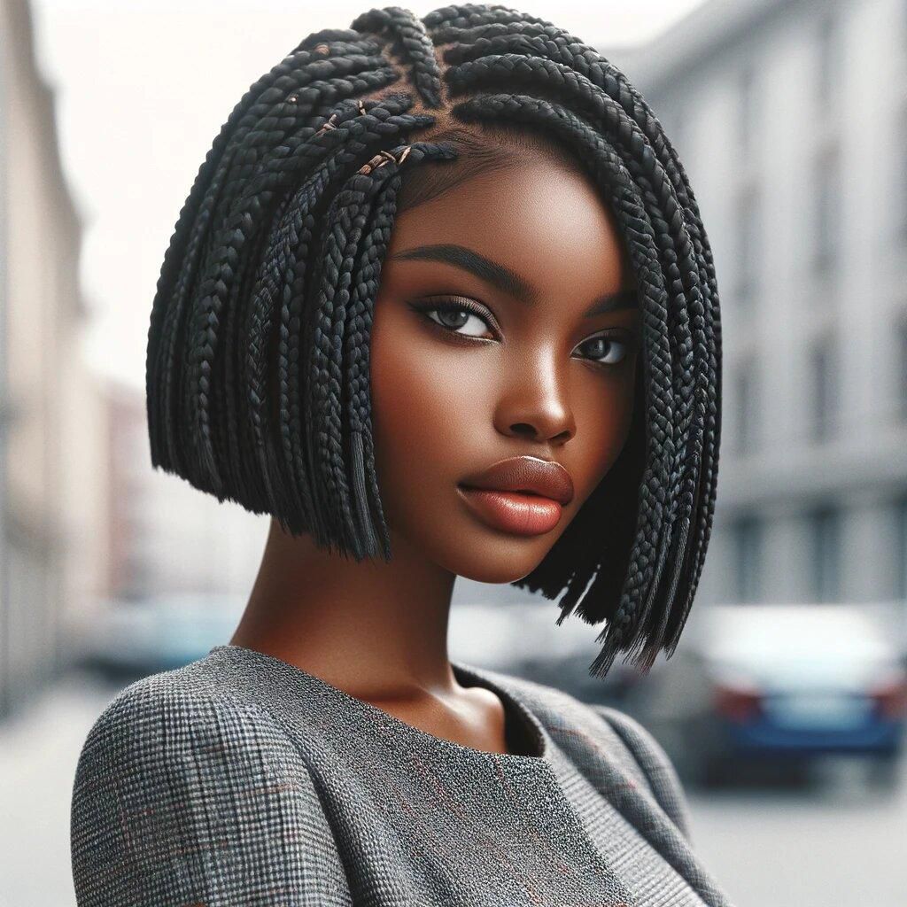 DALL·E 2024-05-08 125055 - Image of an African woman with a Braided Bob hairstyle The woman is wearing a stylish, contemporary outfit The hairstyle features chin-length braids