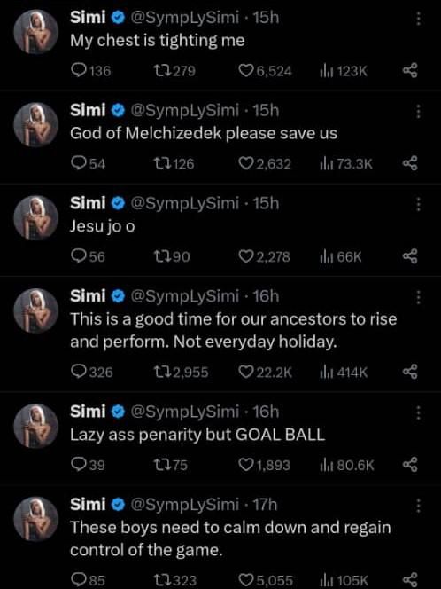 Simi reacts to the Super Eagles vs Bafana Bafana match on X [X/symply simi]