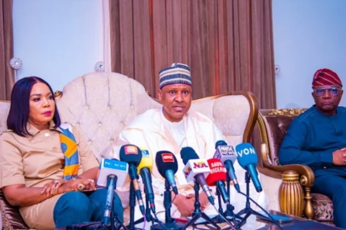 Minister of Information and National Orientation, Alhaji Mohammed Idris, (2nd Left) Minister of State for Labour, Mrs Nkiruka  Onyejiocha (1st Left) and the Special Assistant to President Bola Tinubu on Information and Strategy, Mr Bayo Onanuga (3rd Le...