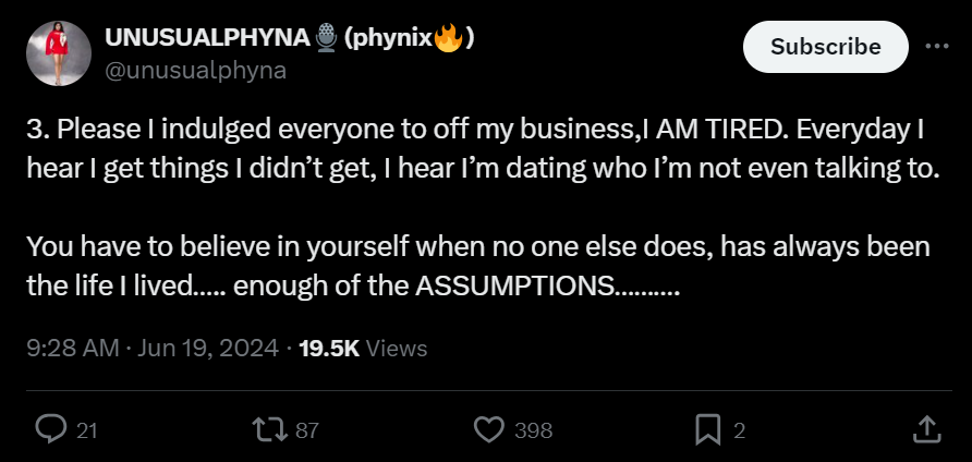 Phyna's second post [X/Unusualphyna]