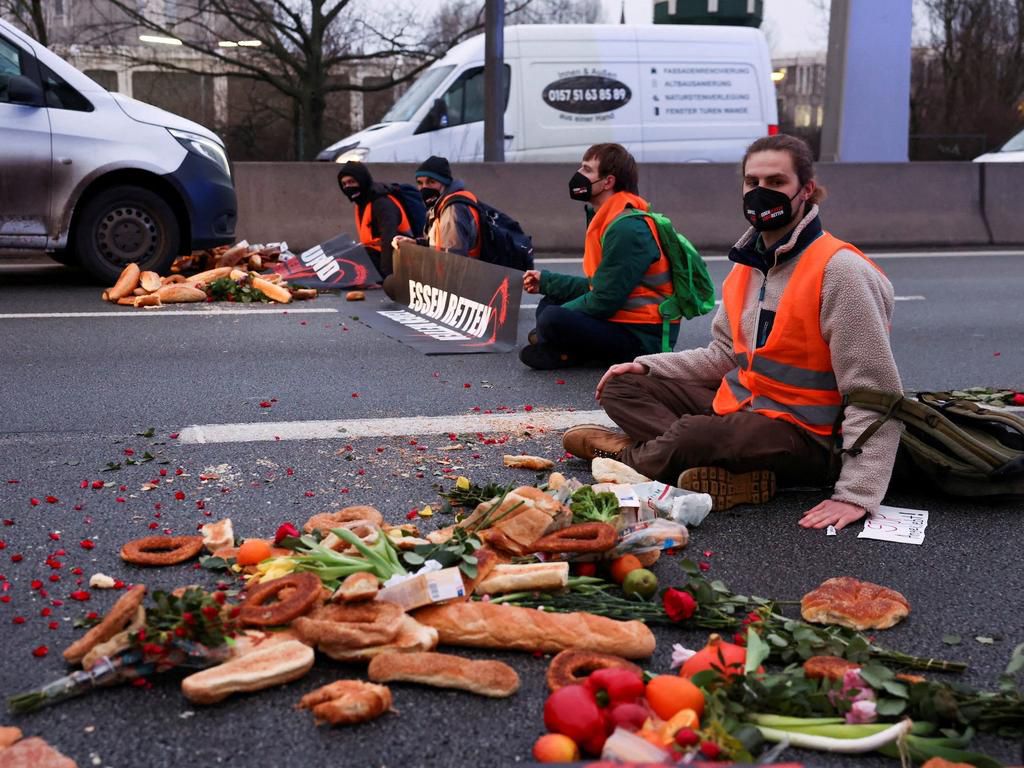 "Letzte Generation" (Last Generation) activists blocking a highway to protest against food waste and for reducing agricultural greenhouse-gas emissions, in Berlin, on February 4.
