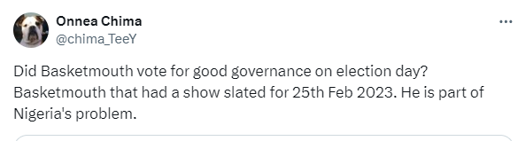 An X troll calls Basketmouth put [X/Chimma_TeeY]