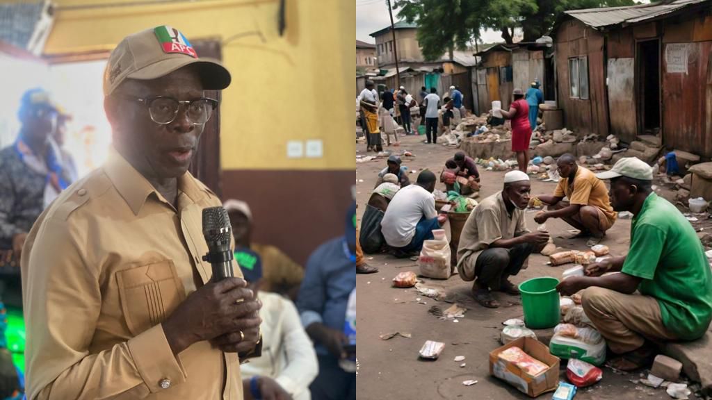 Adams Oshiomhole said it’s a lie to believe Jesus will deliver one from poverty [Facebook/Meta AI Image]