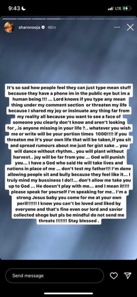 Sharon Ooja warns people to refrain from spreading rumours about her [Instagram/ Sharon Ooja]