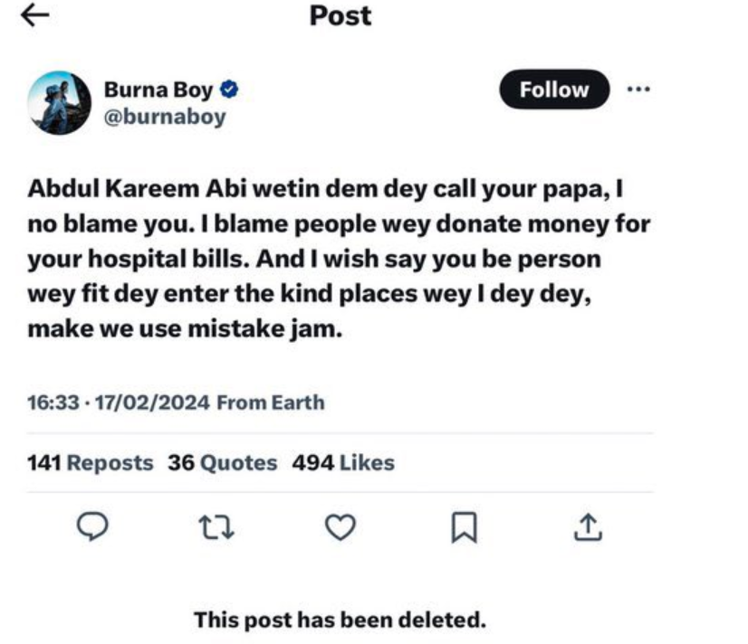 Burna Boy slams Eedris Abdulkareem [X/Burna Boy]