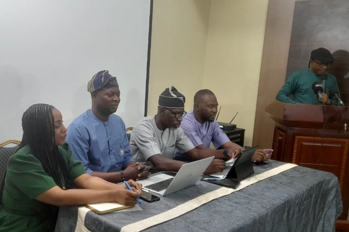 L-R: Head, Media Support Staff of FIRS, Ms Dapo Awolowo, Dare Adekanmbi, Special Adviser on Media to FIRS Chairman, Technical Assistant on Media to FIRS Chairman, Femi Olarinde, Special Adviser to the FIRS Executive Chairman, Sikiru Akinola at a media ...