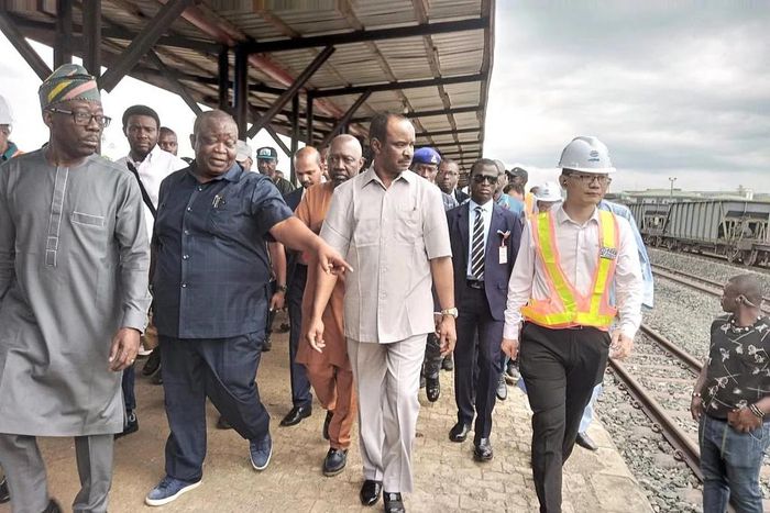 Minister of Transportation Senator Saidu Alkali (3rd from left) inspecting the nearly completed Port Harcourt to Aba railway line in Port Harcourt on Friday  [NAN]