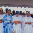 President Bola Tinubu, Dr Obafemi Hamzat, the Deputy Governor of Lagos State, Chief of Staff, Femi Gbajabiamila, Principal Private Secretary and other dignitaries, praying at the Obalende Eid ground on Sunday