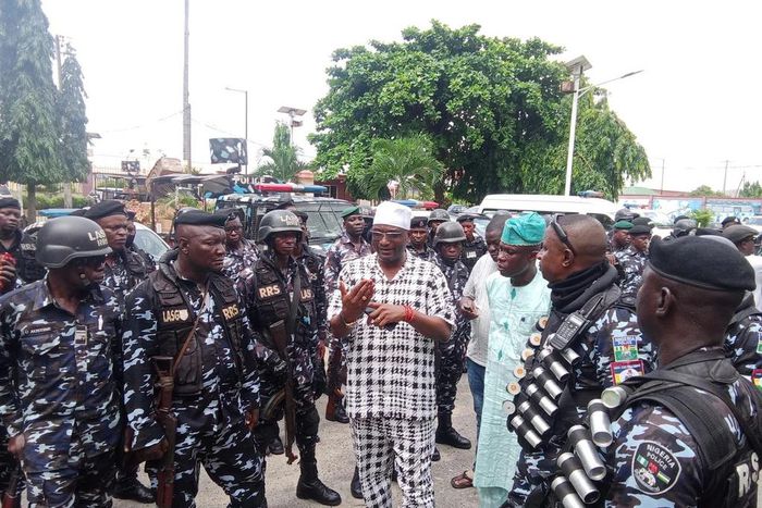 Alhaji Ganiyu Egunjobi the Executive Chairman, Agege LG, addressing the security personnel during the public enlightenment on Friday. [NAN]