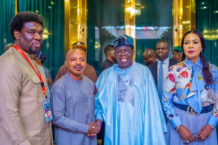 President Bola Tinubu, Comrade Joe Ajaero, President of the Nigeria Labour Congress (NLC), and Comrade Festus Osifo, his Trade Union Congress (TUC) counterpart, Hon. Nkeiruka Onyejeocha, Minister of State for Labour, after the meeting at the State Hous...