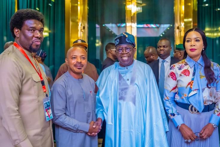 President Bola Tinubu, Comrade Joe Ajaero, President of the Nigeria Labour Congress (NLC), and Comrade Festus Osifo, his Trade Union Congress (TUC) counterpart, Hon. Nkeiruka Onyejeocha, Minister of State for Labour, after the meeting at the State Hous...