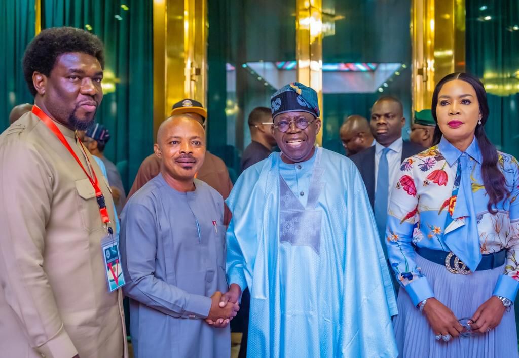 President Bola Tinubu, Comrade Joe Ajaero, President of the Nigeria Labour Congress (NLC), and Comrade Festus Osifo, his Trade Union Congress (TUC) counterpart, Hon. Nkeiruka Onyejeocha, Minister of State for Labour, after the meeting at the State House on Thursday. [Presidency]