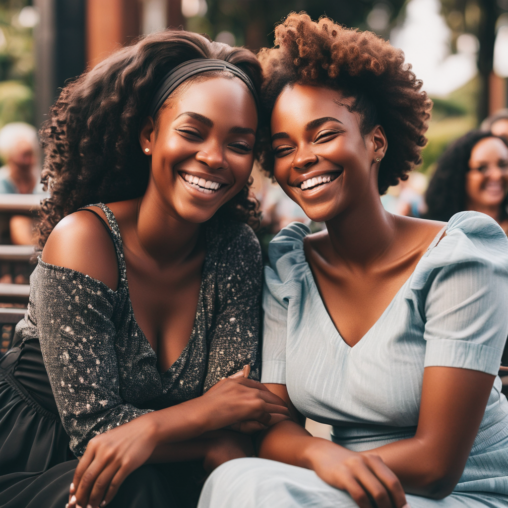 An AI-generated image of two ladies sitting close to each other and smiling at each other