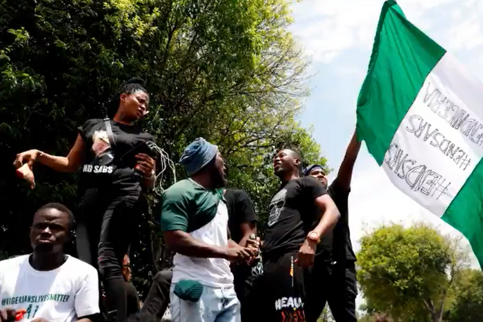 Nigerians living in South Africa protest in solidarity with youths back home protesting misgovernance and police brutality on Wednesday, Oct. 21, 2020 in Praetoria.  [Pulse]