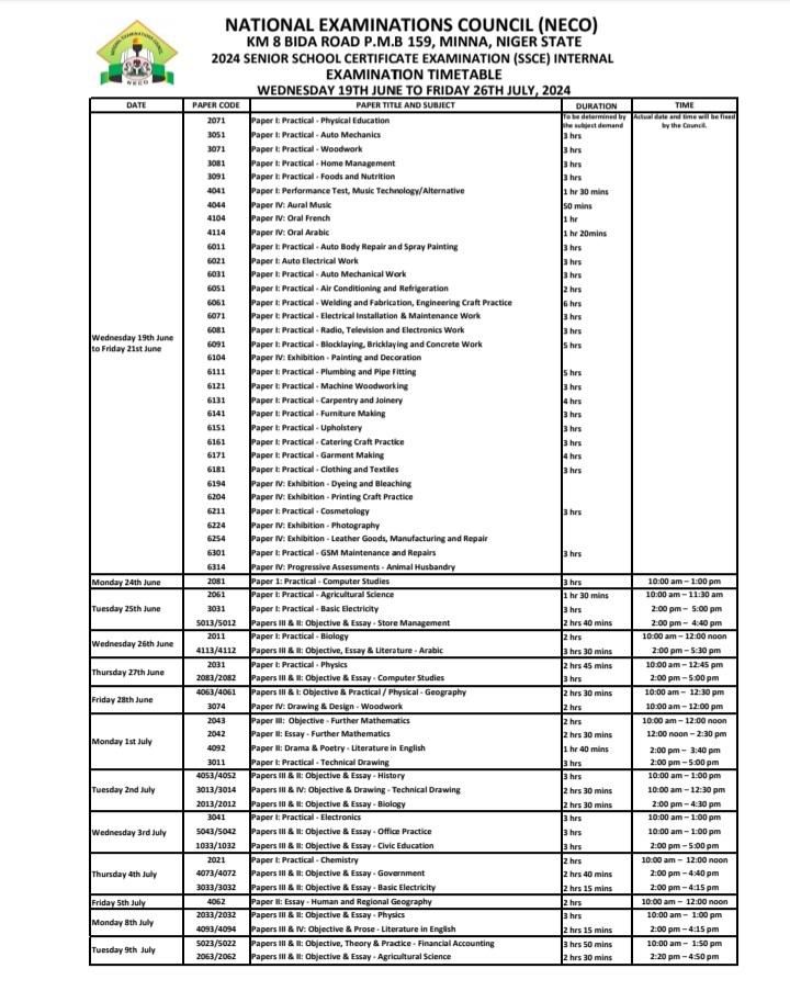 NECO internal exam timetable for 2024 [NECO/X]