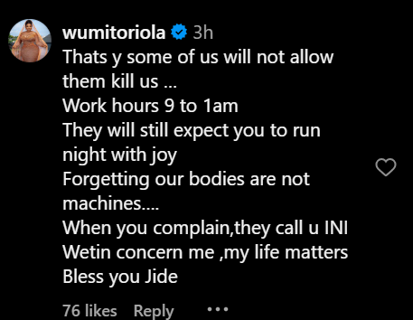 Wunmi Toriola's comment [Instagram/Jideawobona]