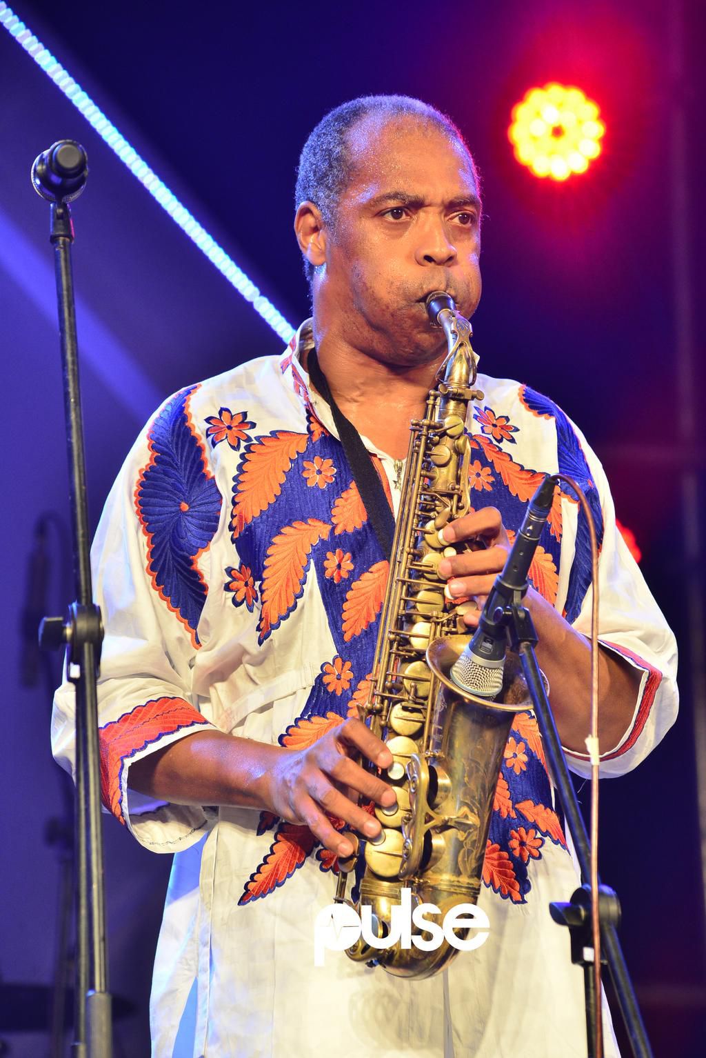 Femi Kuti blowing his saxophone at the 2018 Felabration. [Pulse]