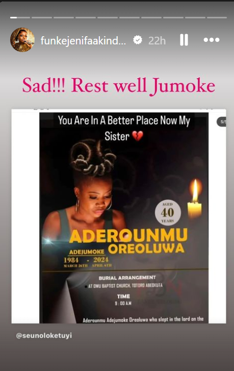 Funke Akindele's tribute post to Aderounmu Adejumoke [instagram/Funkeakindelejenifa]