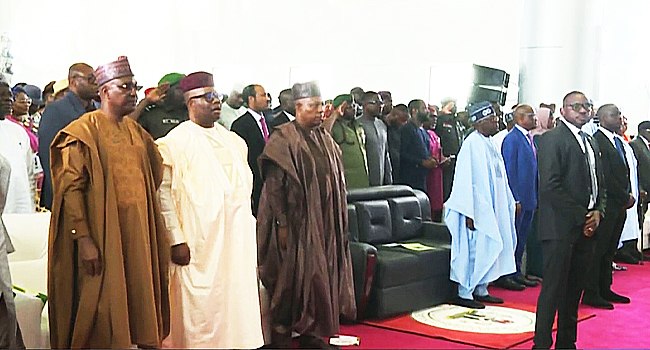 Tinubu, Shettima refuse to sing along as new national anthem plays [Channels Television]