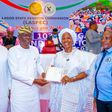 Bode Agoro, HoS, Lagos State, Gov. Babajide Sanwo-Olu of Lagos State, Mrs Adetokunbo Eko, Retired Asst. Director/former Head, Public Affairs unit, LASPEC, Mr Babalola Obilana, DG, LASPEC at the 103rd bond retirement benefit certificate presentation on ...