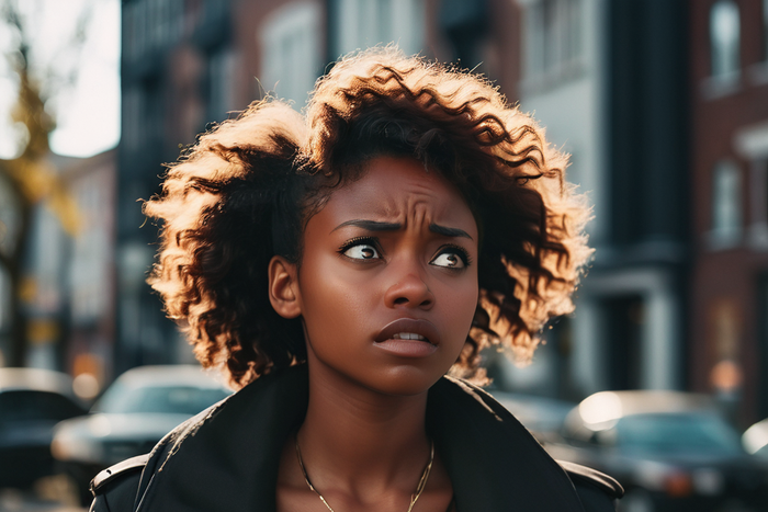 An AI-generated image of young black woman in distress