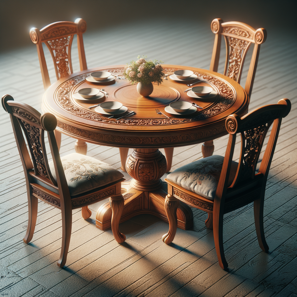 An image of a wooden table set in the middle of a space with detailed textures