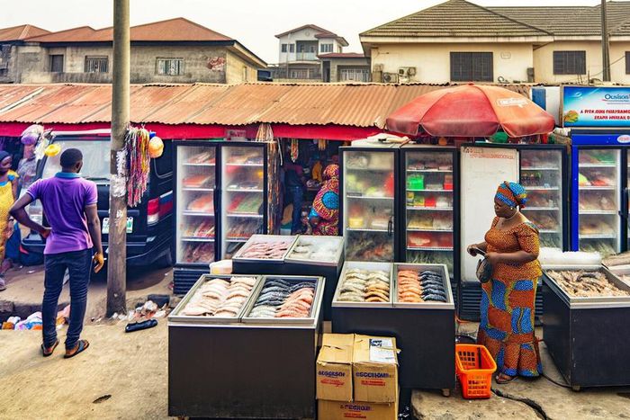 A scene in a Lagos suburb captures a Nigerian frozen food vendor at her vibrant outlet. [DALL-E]